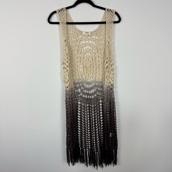 Umgee Brown Knit Crochet Fringe Kimono Cardigan Boho Bohemian Hippie Neutral - Picture 1 of 4